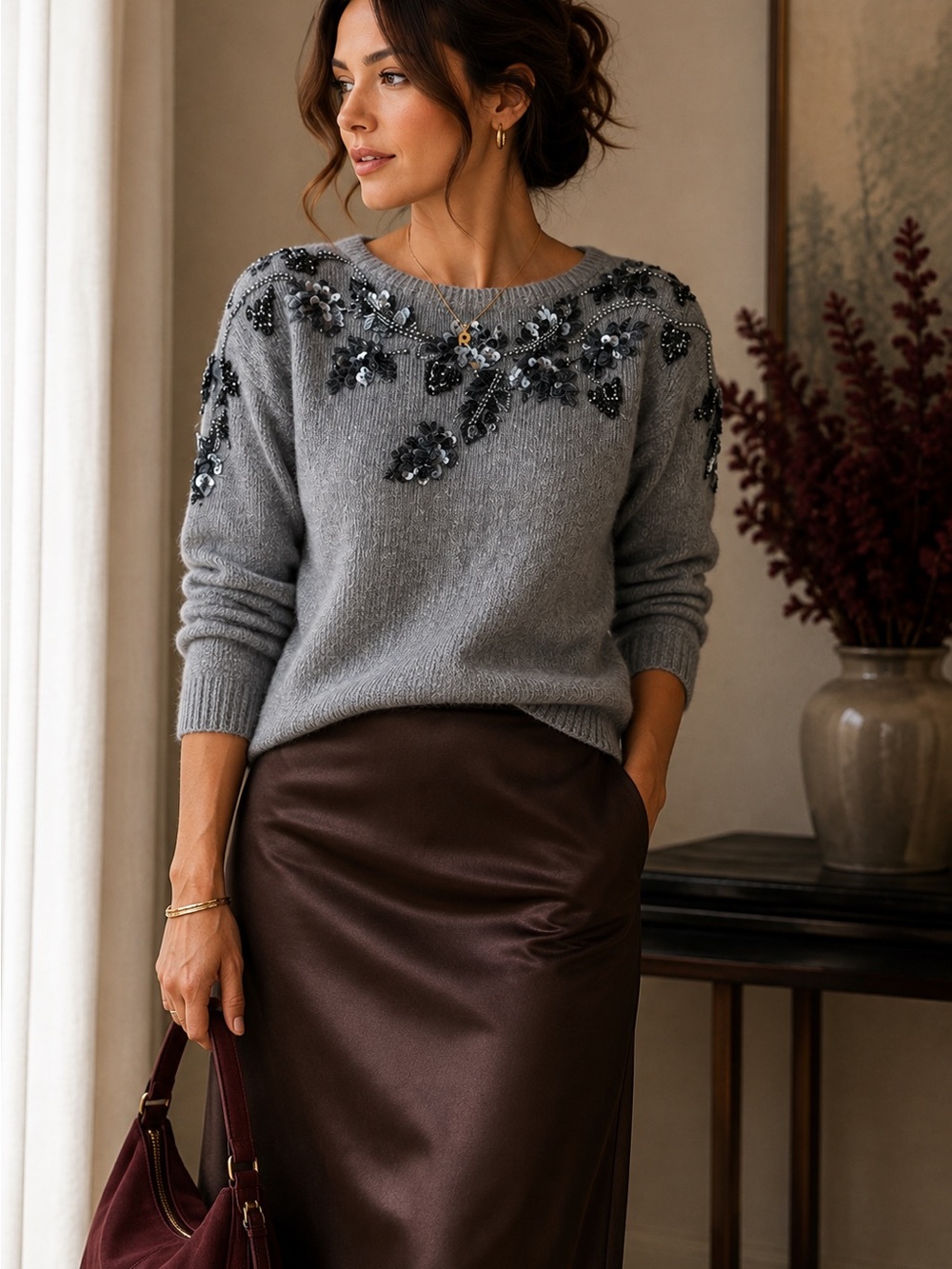 Vintage Dana Scott Silk Angora Beaded Sequin Sweater Gray Small Embellished